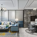 Modern Dining and Living Room Interior With White Cabinets Marble Countertop and Decorative Painting