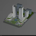 Modern High Rise Office Building Complex With Green Landscaped Area And Architectural Design