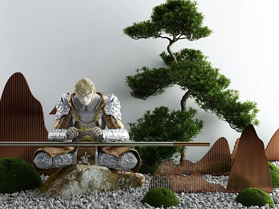Garden Ornament with Seated Armored Statue Elegant Pine Tree Stones Small Shrubs and Gravel 3d model