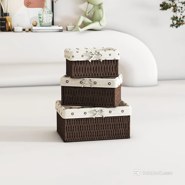 Stacked Brown Wicker Storage Box Set With White Patterned Lids And Bowknot Decorations 3d model 