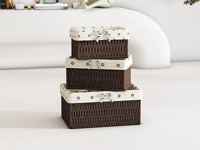 Stacked Brown Wicker Storage Box Set With White Patterned Lids And Bowknot Decorations 3d model