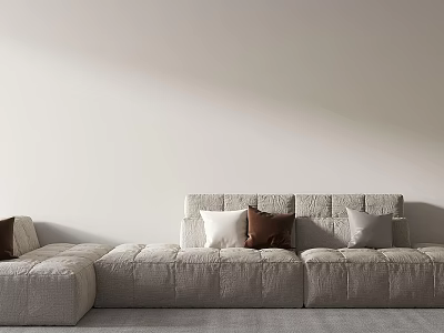Modern Beige Multi Person Sofa With White And Brown Pillows In Minimalist Room 3d model