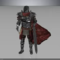 Shiny Metallic Sword Held By Medieval Knight Wearing Armor With Red Cape