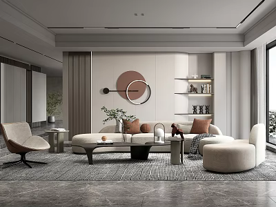 Modern Living Room Interior With Sofa Chair Coffee Table Circular Decor Shelves And Plant 3d model