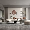 Modern Living Room Interior With Sofa Chair Coffee Table Circular Decor Shelves And Plant