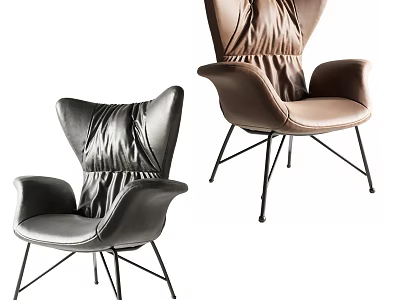 Modern Gray and Brown Leather Accent Chair With Pleated Backrest And Metal Legs Design 3d model