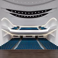 Cultural Center Auditorium Interior With Blue Seats Curved White Ceiling And Wooden Walls