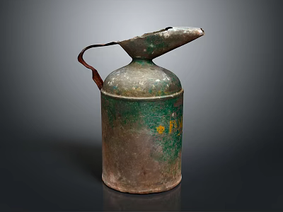 Vintage Rusty Green Metal Oil Can with Curved Handle and Spout for Daily Household Use 3d model