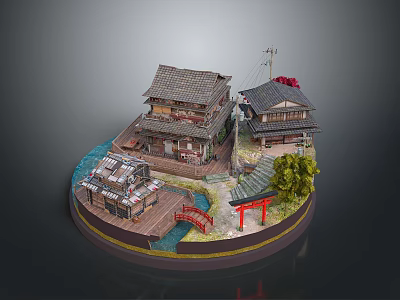 Traditional Japanese Architecture With Wooden Houses Tile Roofs Red Torii Gate Small Bridge And Stream 3d model