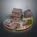Traditional Japanese Architecture With Wooden Houses Tile Roofs Red Torii Gate Small Bridge And Stream