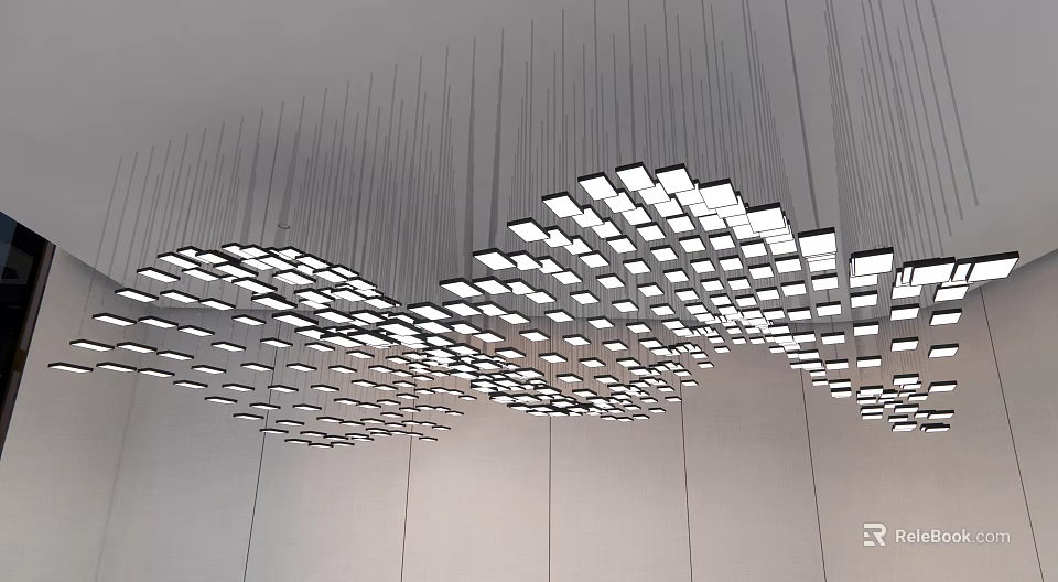 Stylish Modern Wave Shaped Chandelier With Square Light Panels Hanging In Ceiling 3d model 
