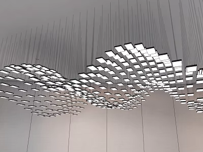 Stylish Modern Wave Shaped Chandelier With Square Light Panels Hanging In Ceiling 3d model