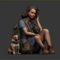 The Woman Sitting With Two Dogs In Blue Shirt Denim Shorts Brown Boots And Backpack