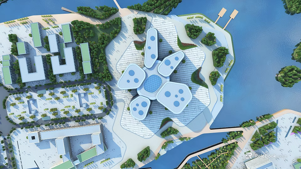 Aerial Planning View of Waterfront Architectural Layout With Green Spaces and Open Plazas 3d model 