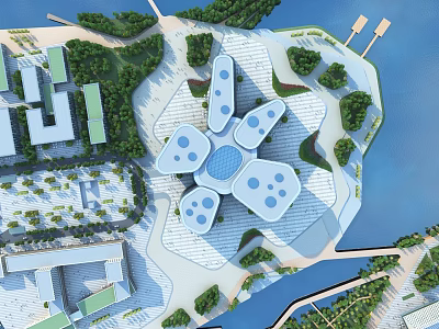 Aerial Planning View of Waterfront Architectural Layout With Green Spaces and Open Plazas 3d model