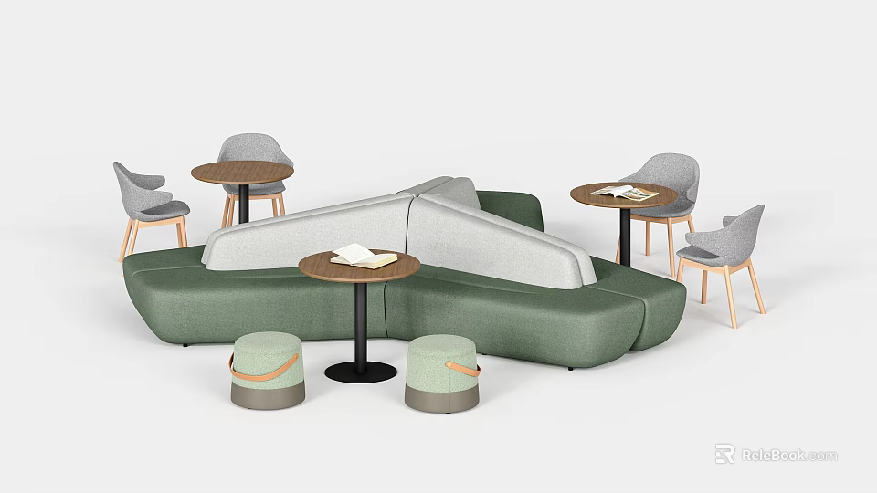 Green Curved Casual Sofa Set With Round Coffee Tables And Small Stools 3d model
