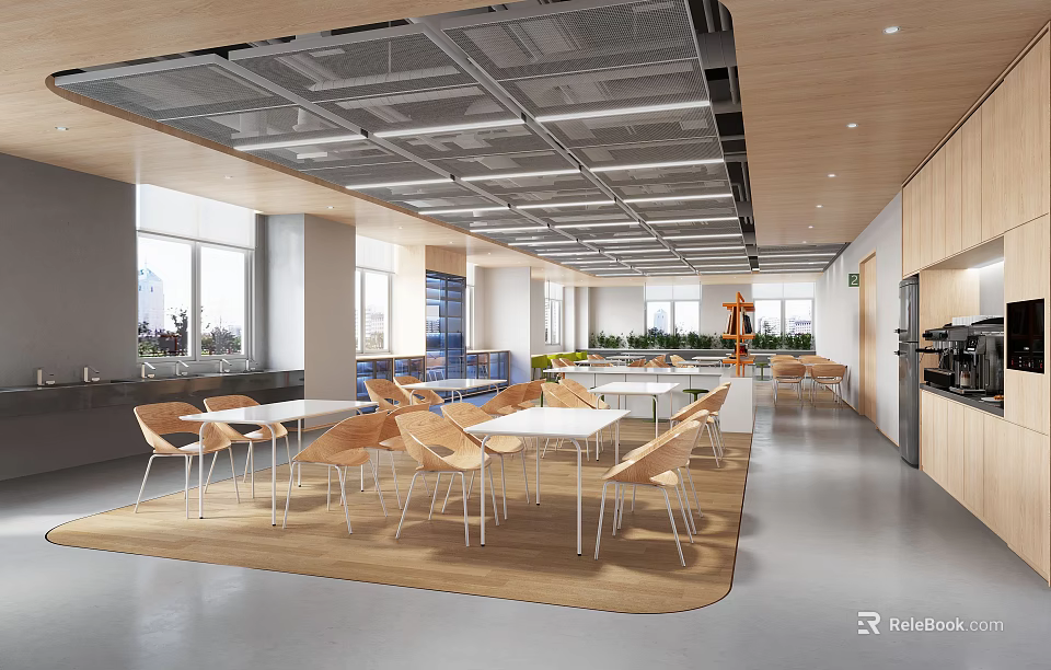Modern Office Interior With Tables Chairs Large Windows And Green Plants 3d model 