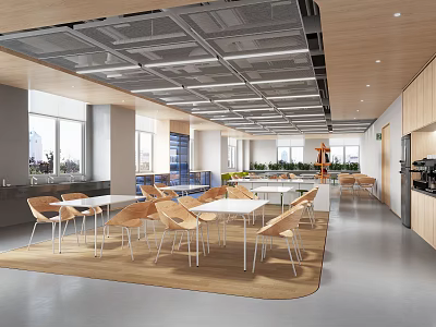 Modern Office Interior With Tables Chairs Large Windows And Green Plants 3d model