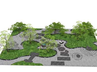 Lush Garden Features With Green Trees Lawn Stone Paths And Circular Gravel Designs 3d model