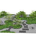 Lush Garden Features With Green Trees Lawn Stone Paths And Circular Gravel Designs