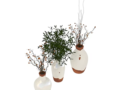 White Ceramic Vases With Green Plants And Decorative Branches For Home Decor 3d model