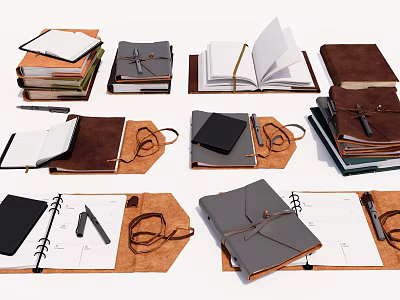 Assorted Leather Notebooks And Journals With Open Pages Stacked And Accessories 3d model
