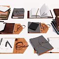 Assorted Leather Notebooks And Journals With Open Pages Stacked And Accessories 3d model