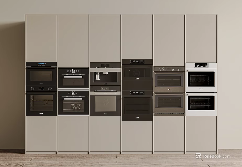 Modern Built in Kitchen Appliances in Light Colored Cabinets Featuring Multiple Ovens and Microwaves 3d model 