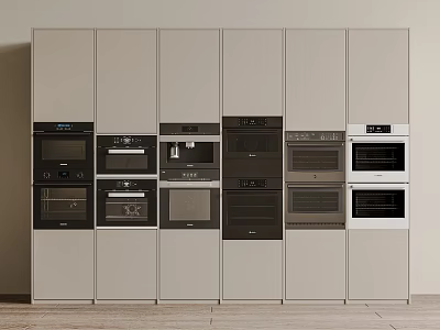 Modern Built in Kitchen Appliances in Light Colored Cabinets Featuring Multiple Ovens and Microwaves 3d model