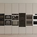 Modern Built in Kitchen Appliances in Light Colored Cabinets Featuring Multiple Ovens and Microwaves