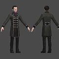 Male Character in Black Coat with White Trim and Belt Front and Back Views
