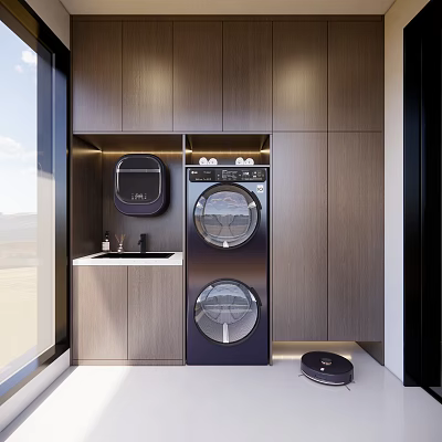 Home Balcony with Stacked Washer Dryer Wooden Cabinets Small Sink Large Window Natural Light 3d model