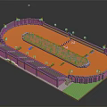 Modern Athletic Stadium With Orange Track Green Central Area Stands And Light Poles