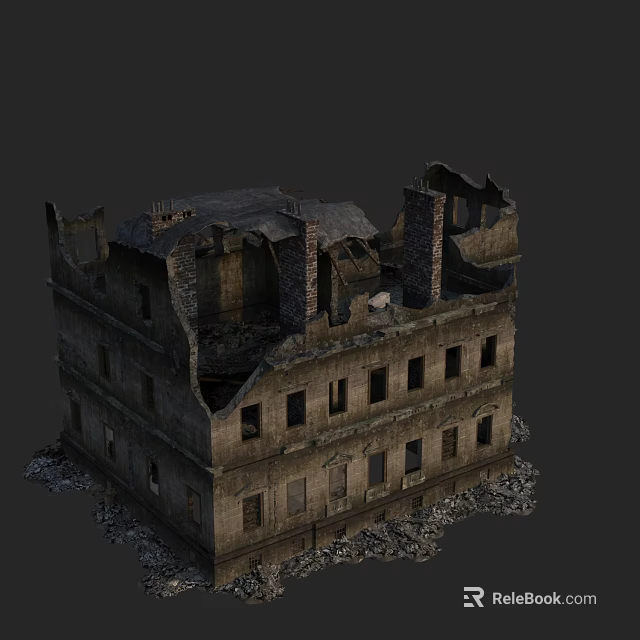 Dilapidated Detached Villa With Broken Walls Collapsed Roof And Debris 3d model 