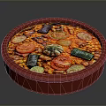 Traditional Mediterranean Dish in Round Red Plate with Tomatoes Black Olives Beans and Herb Garnish