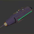 Purple Streamlined Spaceship With Green Glowing Stripes And Pointed Front Reflective Base