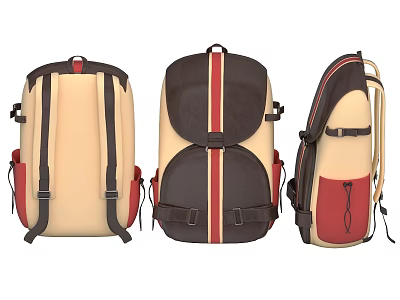 Stylish Backpacks In Beige Brown Red With Striped Design Straps Buckles From Three Different Angles 3d model