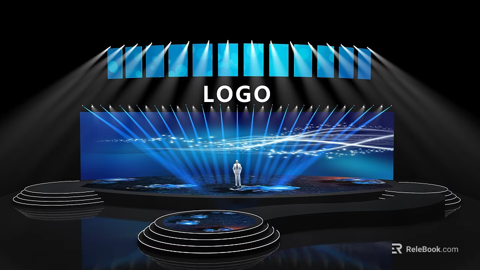 Modern Stage With Person Standing Center Large LED Screen Blue Lights LOGO And Circular Platform 3d model 