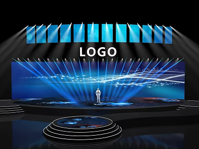 Modern Stage With Person Standing Center Large LED Screen Blue Lights LOGO And Circular Platform 3d model