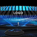 Modern Stage With Person Standing Center Large LED Screen Blue Lights LOGO And Circular Platform
