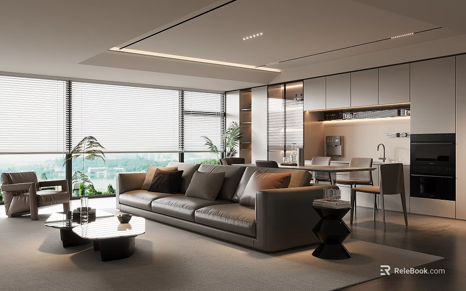 Modern Living Dining Room Interior Design With Leather Sofa Dining Table And Large Windows 3d model