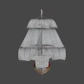 Woman Standing On A Classic Tall Ship With White Sails And Red Hull