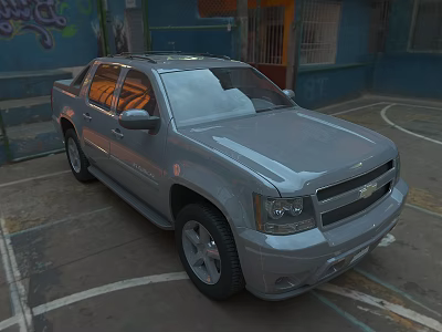 Silver Chevrolet Pickup Truck Parked In Urban Parking Lot With Graffiti Wall Background 3d model
