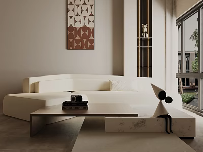 Modern White Three Seater Sofa In Living Room With Minimalist Coffee Table And Natural Light 3d model