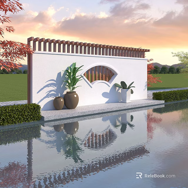 Chinese Garden Landscape With White Wall Fan Shaped Window Wooden Lattice And Water Pool Reflections 3d model 