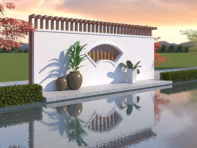 Chinese Garden Landscape With White Wall Fan Shaped Window Wooden Lattice And Water Pool Reflections 3d model