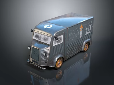 Blue Vintage Tank With White Cross Symbol And Flame Pattern On Body Exterior 3d model