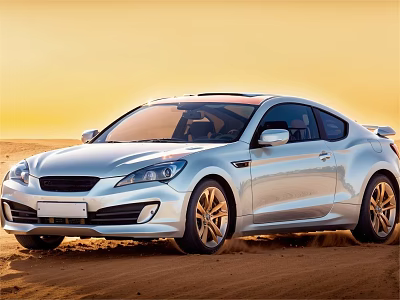 Silver Dynamic Sports Car Driving In Desert With Sunset Sky And Golden Wheels 3d model