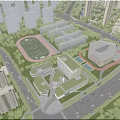Aerial View Planning of Urban Complex with Green Roof Buildings Football Field Roads and Trees