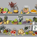 Assorted Fresh Fruits Displayed on White Shelves with Vases and Water Jug